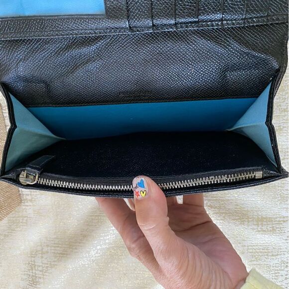 BVLGARI Black Leather Long Wallet with Teal Blue Interior and Silver Hardware. - Picture 11 of 15